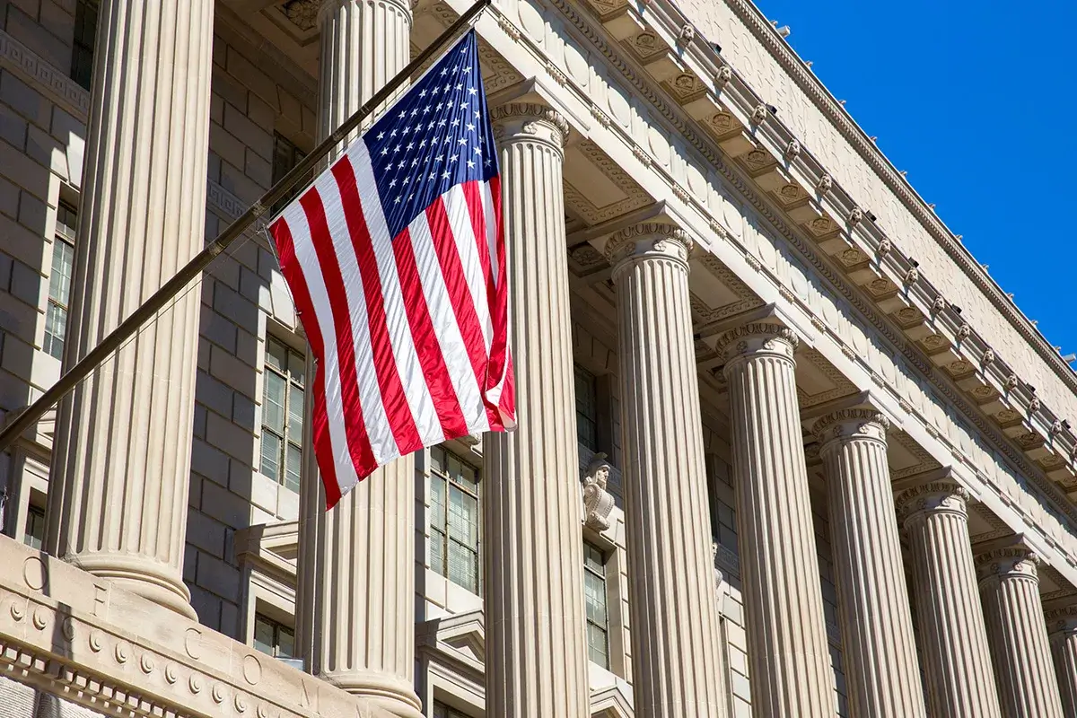 government building with American flag in front